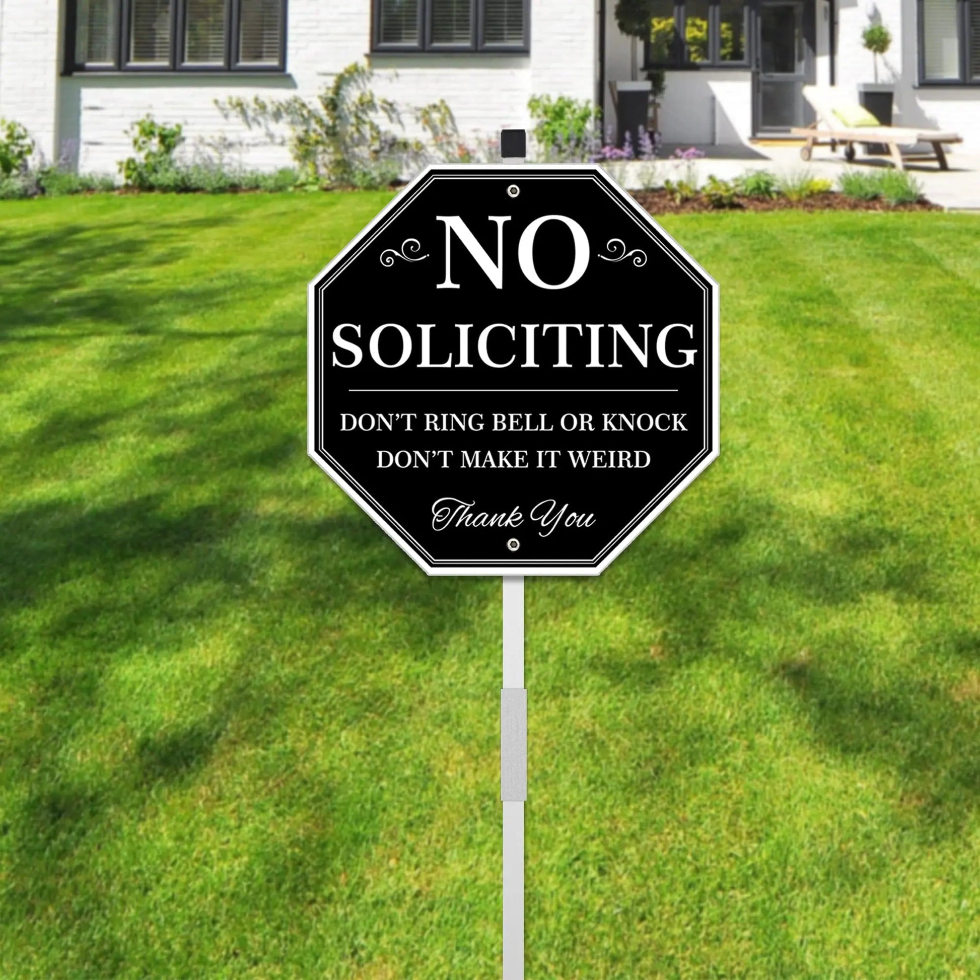 No Soliciting Yard Sign, No Soliciting Sign for House Yard with Stake, Uflashmi 10” x 28”, Metal black and white - North State Signs & Printing