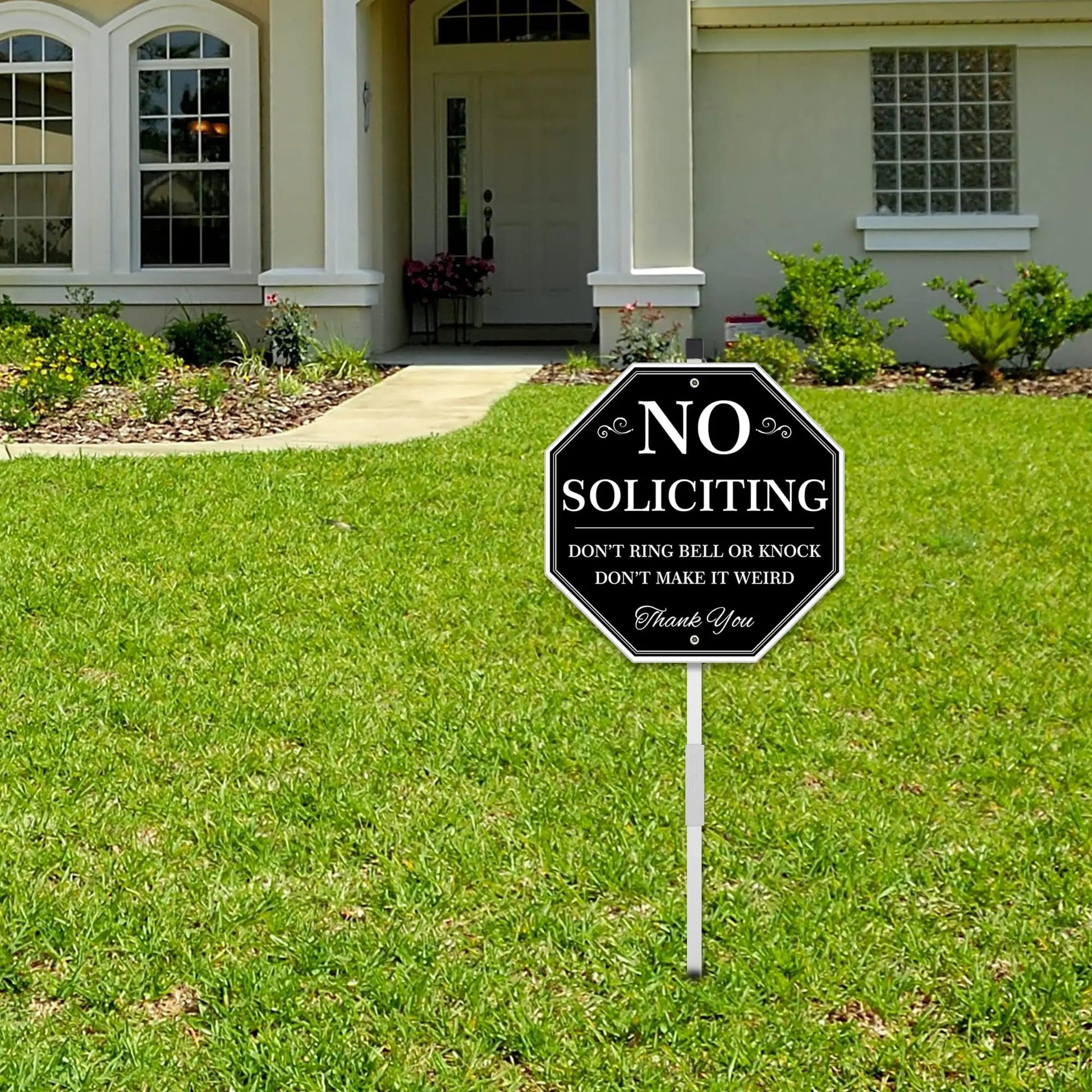 No Soliciting Yard Sign, No Soliciting Sign for House Yard with Stake, Uflashmi 10” x 28”, Metal black and white - North State Signs & Printing