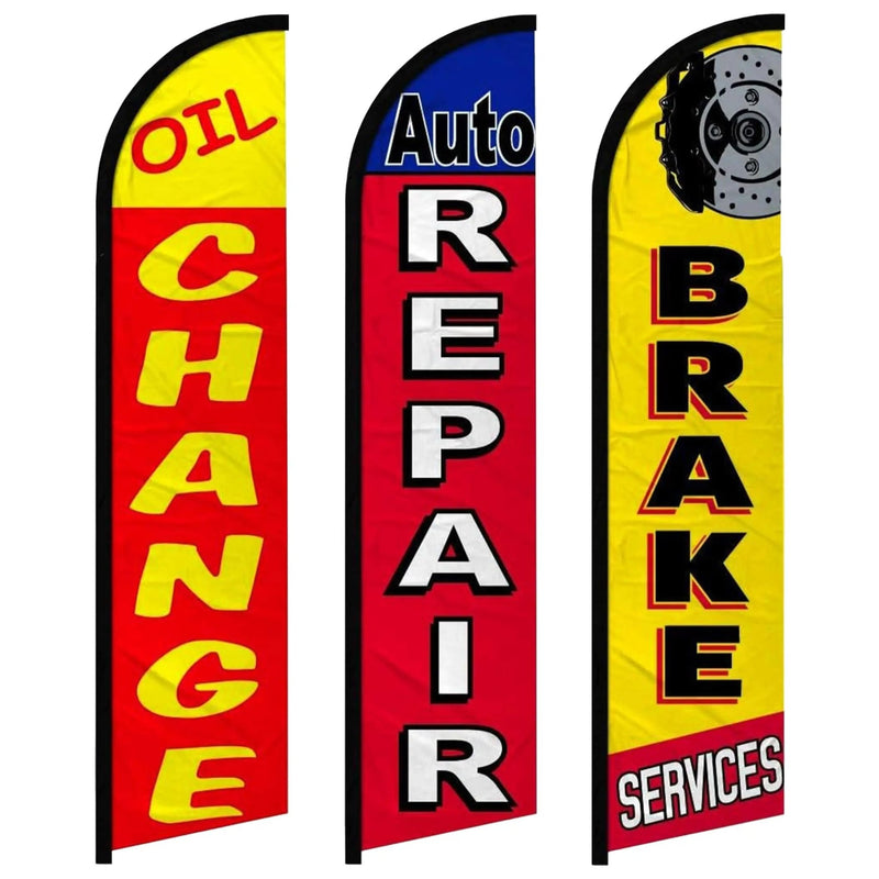 Oil Change Sign Auto Repair Brake Services Windless Flag Pack of 3 (Mount and Poles are Not Included) - North State Signs & Printing