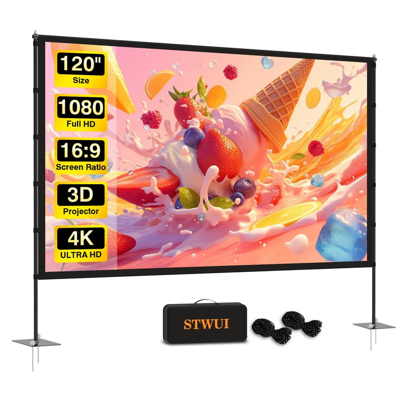 Outdoor - Projector - Screen - with - Stand - 120 inch Portable Projector Screen Indoor Outdoor Projector Screens 16:9 4K HD Lightweight Movie Screen with Carry Bag for Backyard Movie Night - North State Signs & Printing
