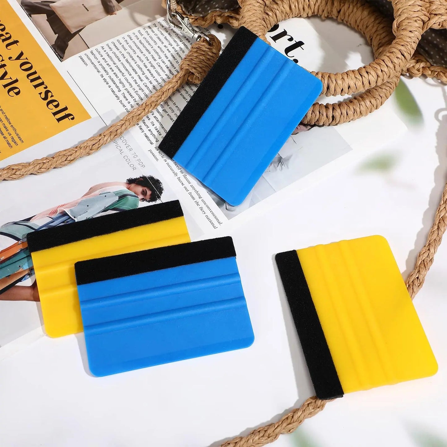 Plastic Vinyl Squeegee, 4 Inch, Lasnten 50 Pcs, Felt Edge Squeegee for Car Window Windshield Glass Cleaning Tool, Vinyl Scraper Decal, Applicator Tool with Black Fabric Felt Edge, Blue Yellow - North State Signs & Printing