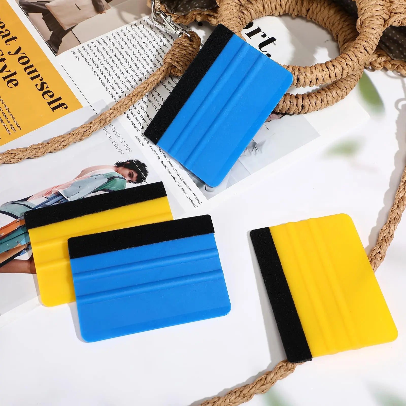 Plastic Vinyl Squeegee, 4 Inch, Lasnten 50 Pcs, Felt Edge Squeegee for Car Window Windshield Glass Cleaning Tool, Vinyl Scraper Decal, Applicator Tool with Black Fabric Felt Edge, Blue Yellow - North State Signs & Printing