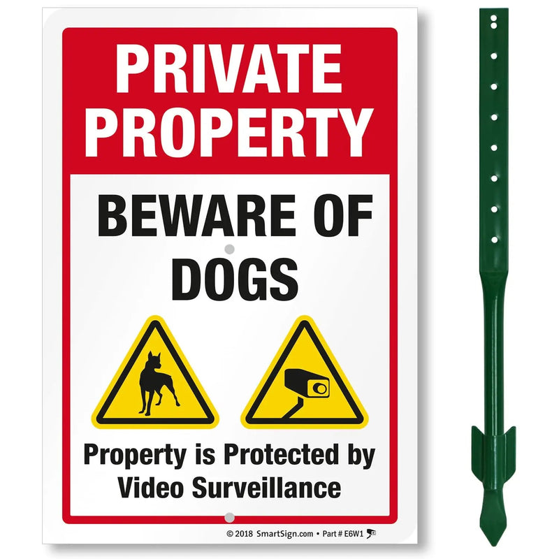 Private Property Beware of Dogs Sign with Stake | SmartSign 21" Tall Sign & Stake Kit - Property Protected by Video Surveillance Sign For Yard/Lawn | 10x7 Inches Aluminum Metal Sign, Made in USA - North State Signs & Printing