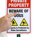 Private Property Beware of Dogs Sign with Stake | SmartSign 21" Tall Sign & Stake Kit - Property Protected by Video Surveillance Sign For Yard/Lawn | 10x7 Inches Aluminum Metal Sign, Made in USA - North State Signs & Printing