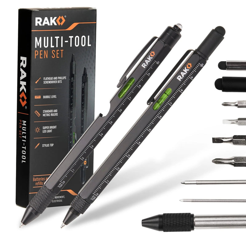 RAK Multitool Pen 2 - Pack - Multi - Tool Pens with LED Light, Flathead & Phillips Screwdrivers, Level, Ruler, Bottle Opener, and Stylus. Gift - Ready Box with Ink Refills & Batteries. Great for EDC. - North State Signs & Printing