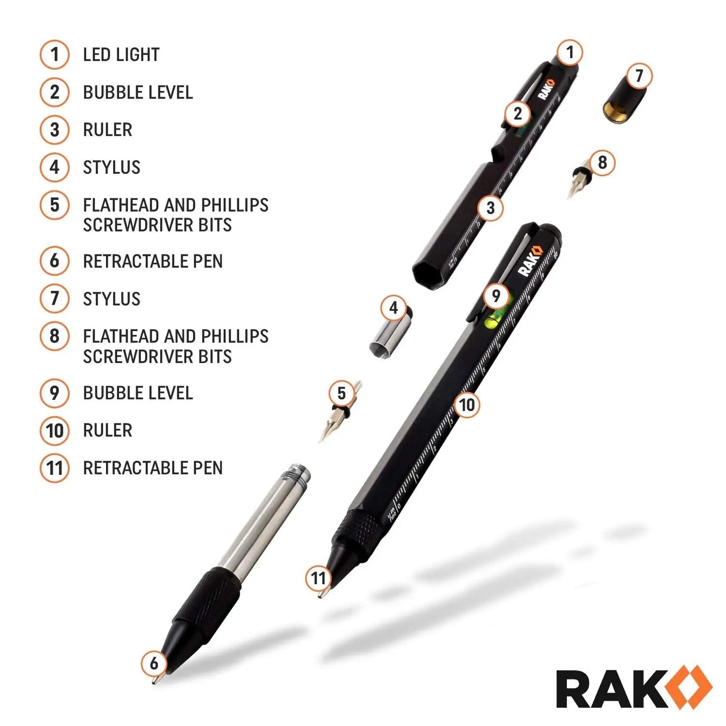RAK Multitool Pen 2 - Pack - Multi - Tool Pens with LED Light, Flathead & Phillips Screwdrivers, Level, Ruler, Bottle Opener, and Stylus. Gift - Ready Box with Ink Refills & Batteries. Great for EDC. - North State Signs & Printing