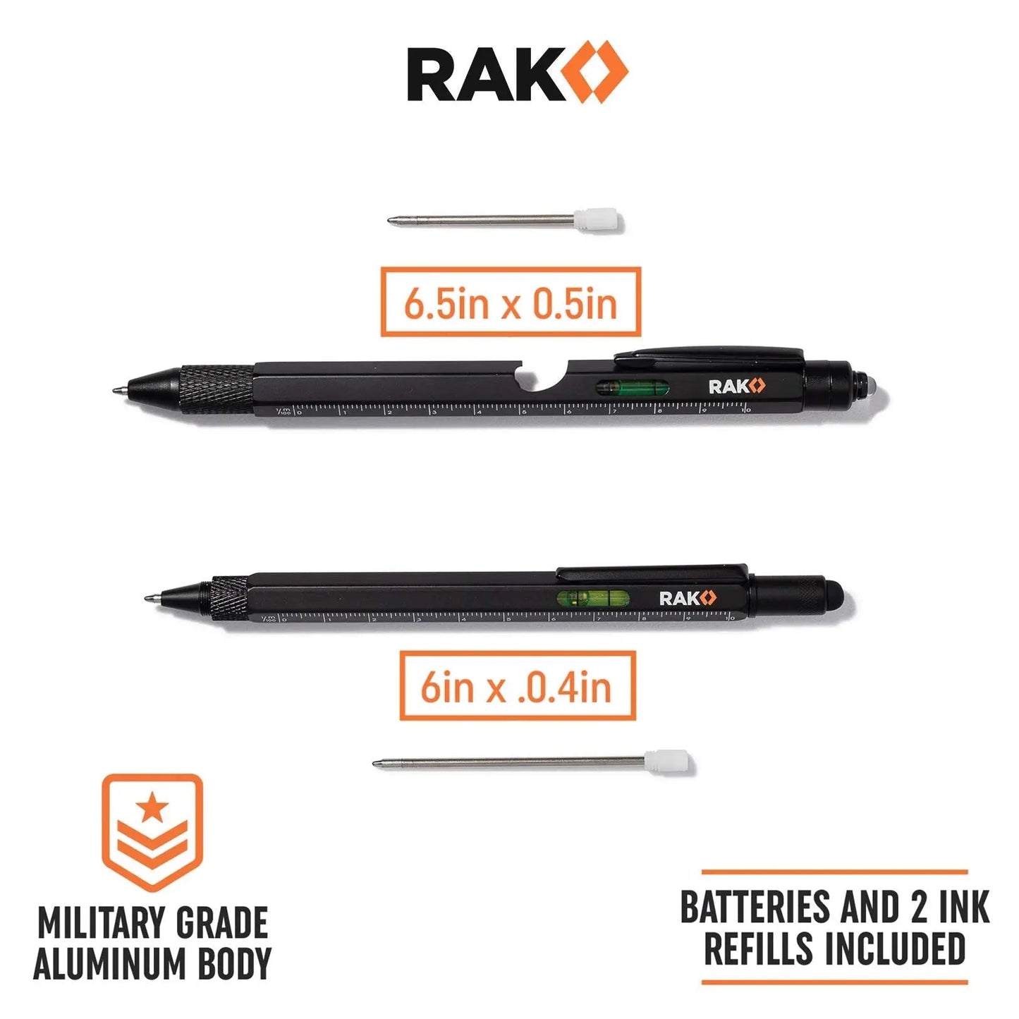 RAK Multitool Pen 2 - Pack - Multi - Tool Pens with LED Light, Flathead & Phillips Screwdrivers, Level, Ruler, Bottle Opener, and Stylus. Gift - Ready Box with Ink Refills & Batteries. Great for EDC. - North State Signs & Printing