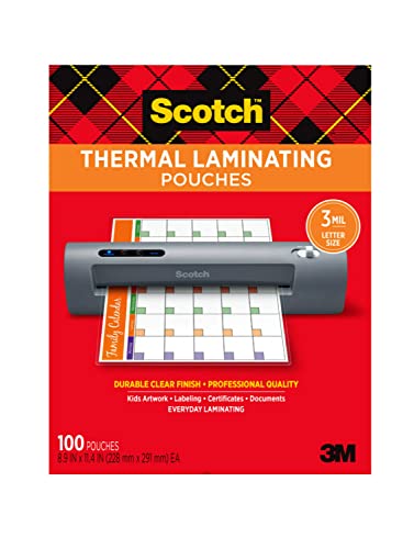 Scotch Thermal Laminating Pouches 100 Pack Laminating Sheets 3 Mil 8.9 x 11.4 Inches Education Supplies & Craft