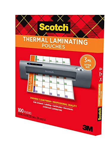 Scotch Thermal Laminating Pouches 100 Pack Laminating Sheets 3 Mil 8.9 x 11.4 Inches Education Supplies & Craft