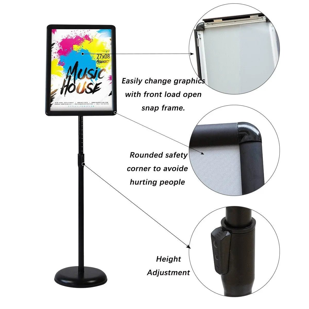 Sign Stand Holder Adjustable Sign Holder Standing Floor Poster Stand for 8.5x11 inches,HUAZI Both Vertical & Horizontal View Displayed,Snap - Open Frame with Round Safety Corner for School Church Business Show,Black - North State Signs & Printing