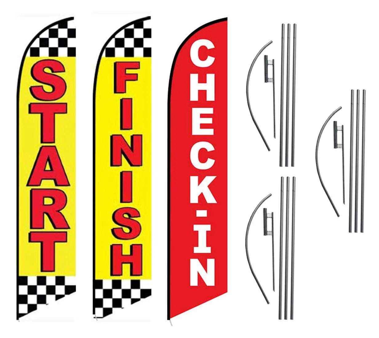 Start Finish and Check - in Advertising Package of 3 Feather Banner Swooper Flag Kits with Ground Spikes, for Marathons and Special Events - North State Signs & Printing