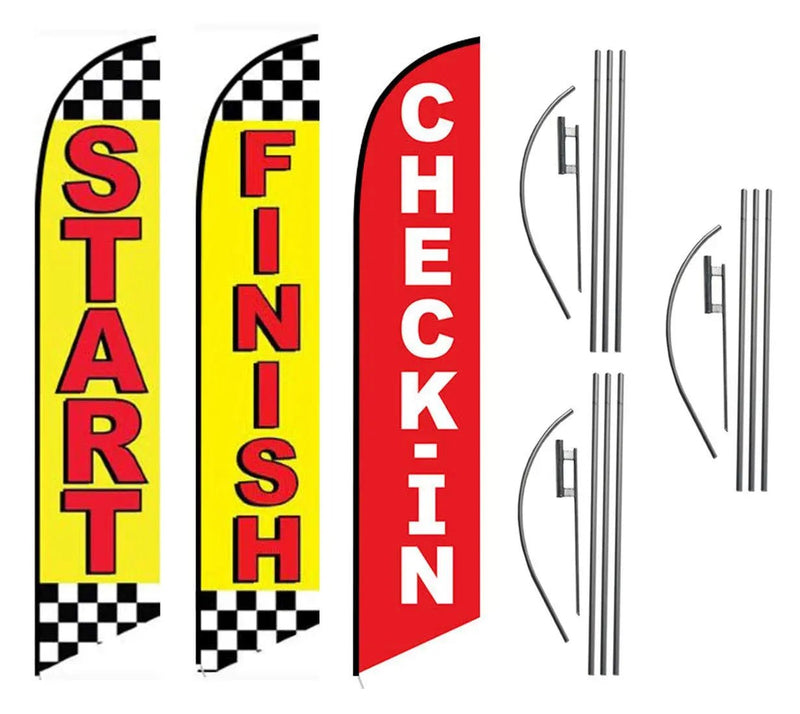 Start Finish and Check - in Advertising Package of 3 Feather Banner Swooper Flag Kits with Ground Spikes, for Marathons and Special Events - North State Signs & Printing
