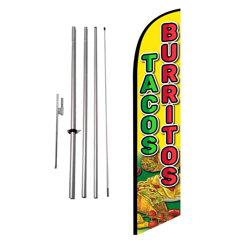 Tacos Burritos Mexican Restaurant Advertising Feather Banner Swooper Flag Sign with Banner Flag Pole Kit and Ground Stake, Red Yellow Theme - North State Signs & Printing