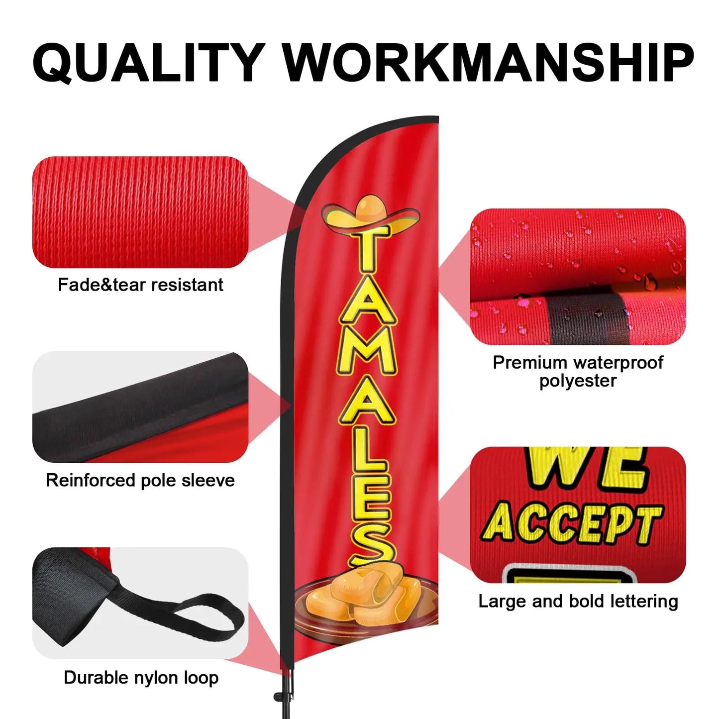 Tamales Advertising Swooper Flag Banner, Tamales Feather Flag with Flag Pole and Ground Stake, Advertising Feather Banner Sign for Tamales Business 8Ft - North State Signs & Printing
