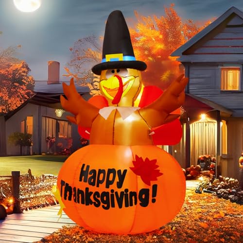 GOOSH 6 Ft Height Thanksgiving Inflatables Outdoor Turkeys Standing in The Pumpkin Blow Up Yard Decoration Clearance