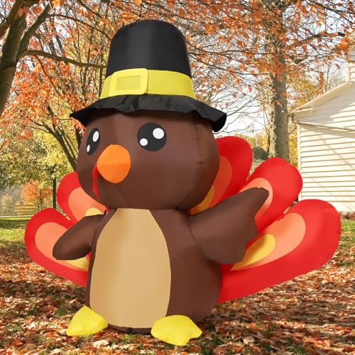 COMIN 4FT Tall Thanksgiving Inflatables Turkey Baby in Hat with Built-in LEDs Blow Up Yard Decoration for Holiday