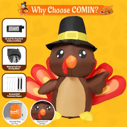 COMIN 4FT Tall Thanksgiving Inflatables Turkey Baby in Hat with Built-in LEDs Blow Up Yard Decoration for Holiday