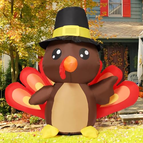 COMIN 4FT Tall Thanksgiving Inflatables Turkey Baby in Hat with Built-in LEDs Blow Up Yard Decoration for Holiday