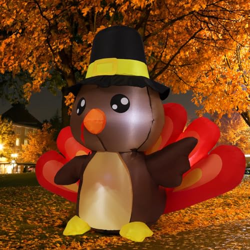 COMIN 4FT Tall Thanksgiving Inflatables Turkey Baby in Hat with Built-in LEDs Blow Up Yard Decoration for Holiday