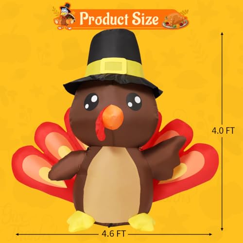 COMIN 4FT Tall Thanksgiving Inflatables Turkey Baby in Hat with Built-in LEDs Blow Up Yard Decoration for Holiday