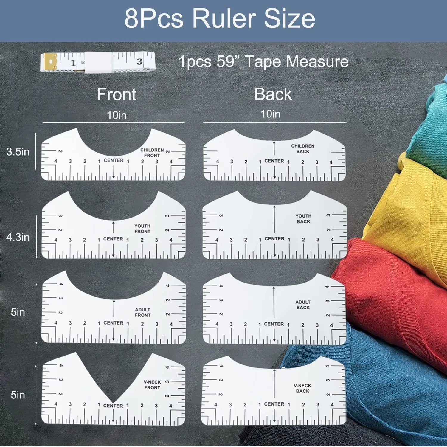 Tshirt - Ruler Guide to Center Vinyl, 9Pcs, Transparent V - Neck/Round PVC Ruler for Alignment, Heat Press, Children Youth Adult, Front and Back Measurement (10in) - North State Signs & Printing