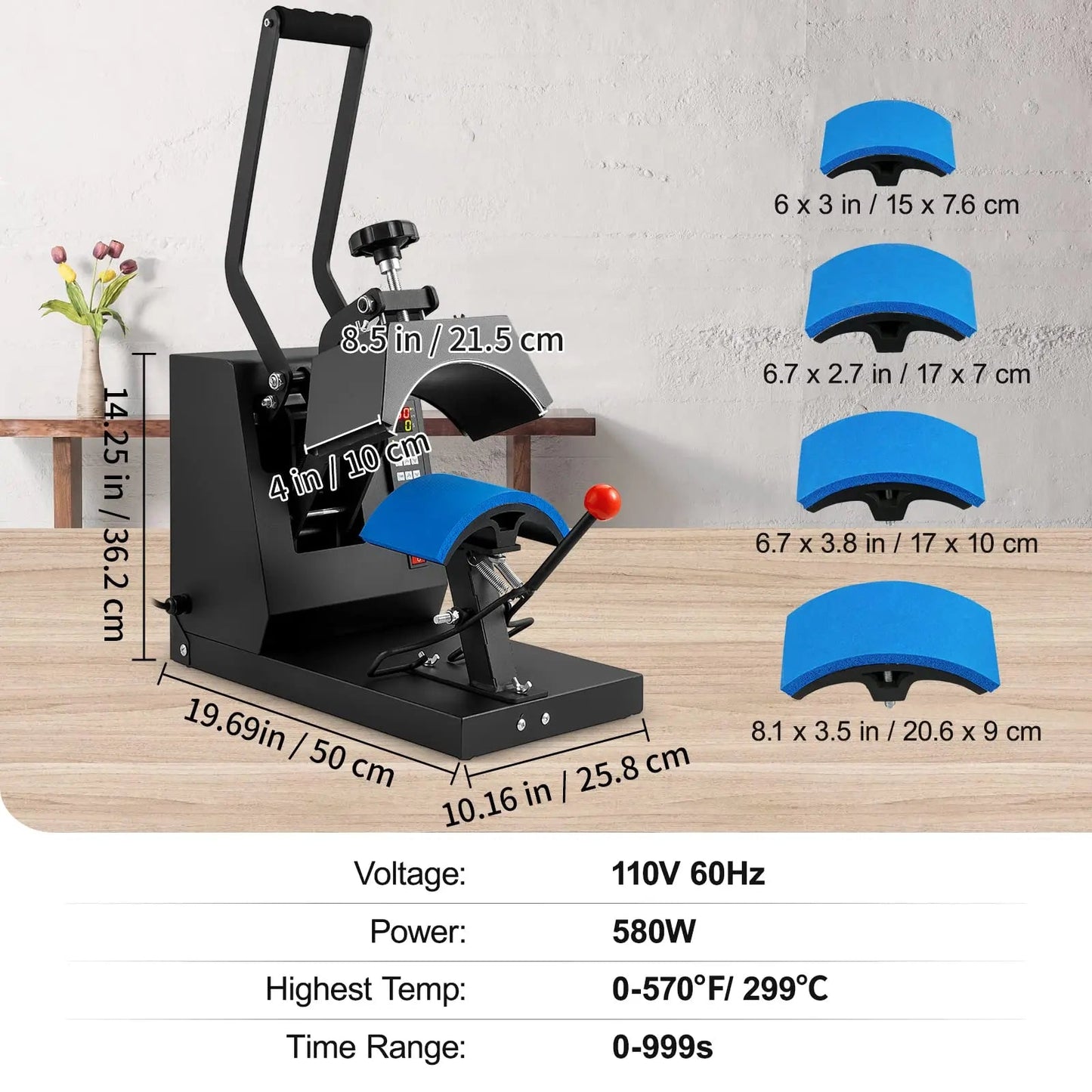 VEVOR 4 - in - 1 Heat Press Machine for Hats with 6x3inches Curved Teflon - Coated Heat Plate, Easy Temperature Control Non - Slip Base, Four Replaceable Elements 6x3/6.7x2.7/6.7x3.8/8.1x3.5inches - North State Signs & Printing