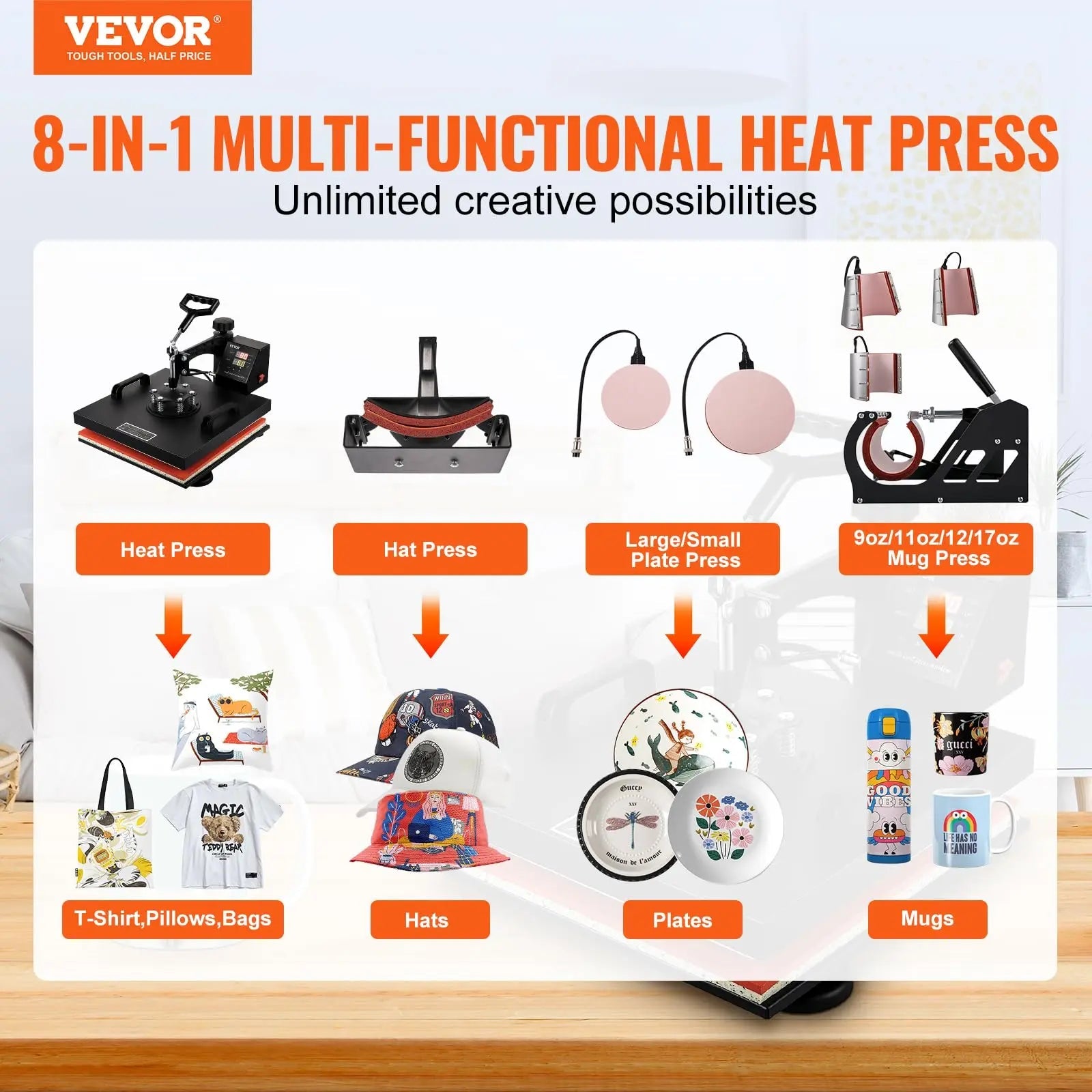 VEVOR 8 in 1 Heat Press Machine 15x15 Inch 360° Swing Away Digital Tshirt Press Machine with (Tumbler/Hat/Plate) Press, Multifunctional Sublimation Heat Press for T-Shirt Hat Cap Mug Plate - North State Signs & Printing