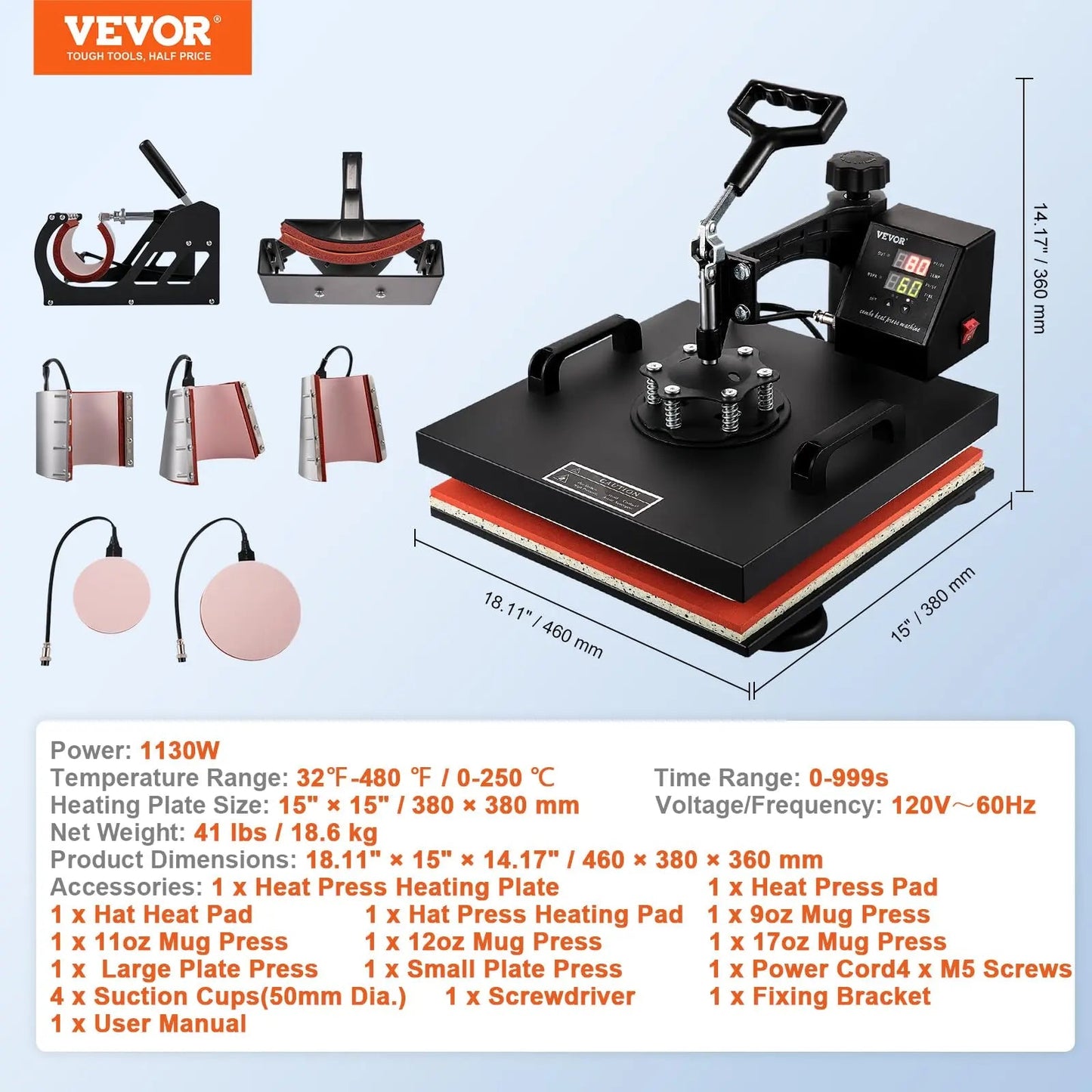 VEVOR 8 in 1 Heat Press Machine 15x15 Inch 360° Swing Away Digital Tshirt Press Machine with (Tumbler/Hat/Plate) Press, Multifunctional Sublimation Heat Press for T-Shirt Hat Cap Mug Plate - North State Signs & Printing