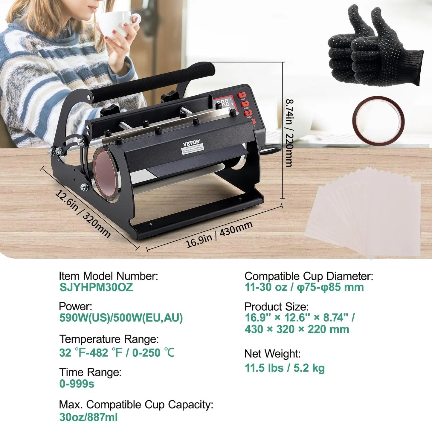 VEVOR Tumbler Heat Press Machine, 11 - 30oz Mug Press, Heat Up Fast and Even, Tumbler Press with Sublimation Paper, Tape and Gloves, Temp and Time Setting, for Sublimation Tumblers, Cups, Mugs, Black - North State Signs & Printing