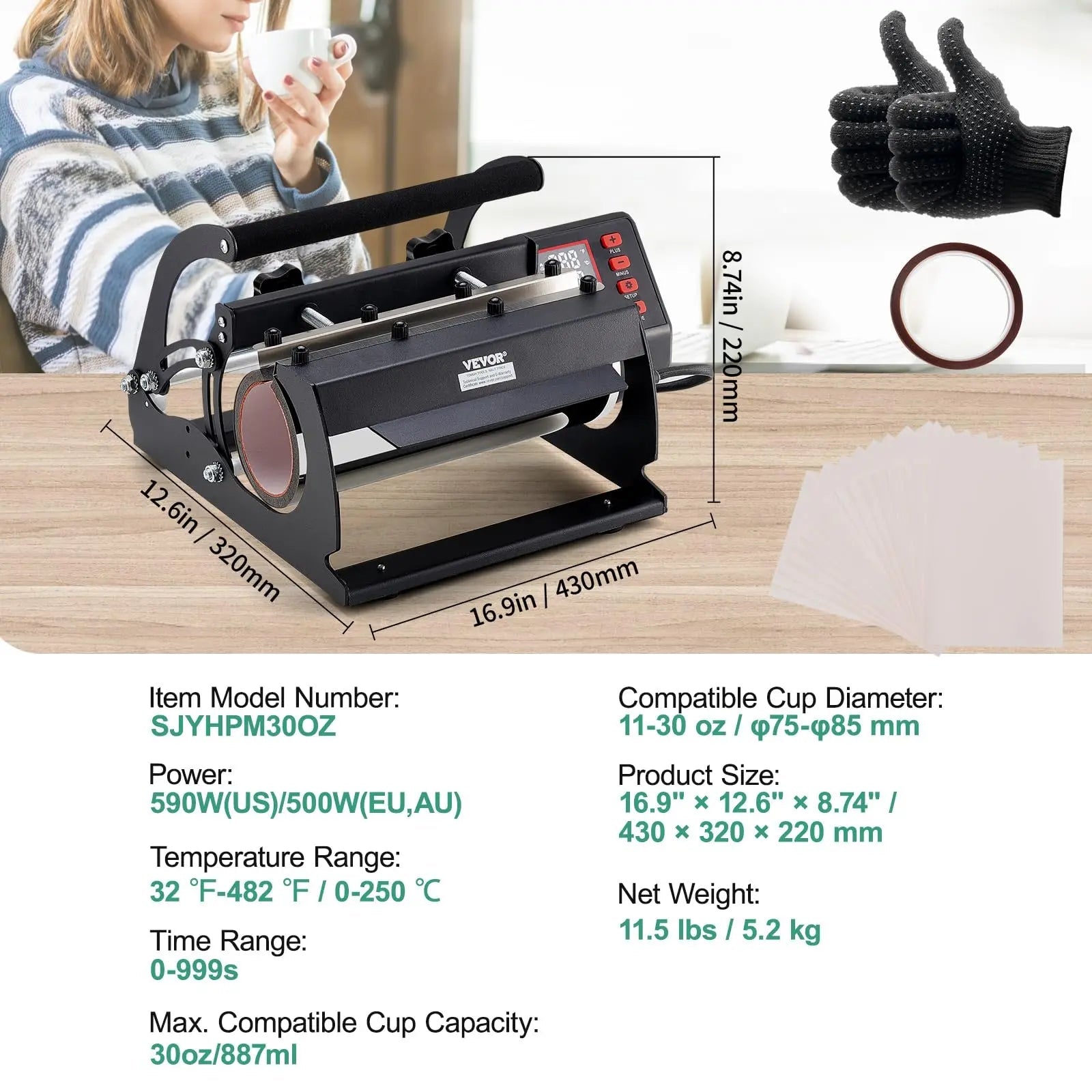 VEVOR Tumbler Heat Press Machine, 11 - 30oz Mug Press, Heat Up Fast and Even, Tumbler Press with Sublimation Paper, Tape and Gloves, Temp and Time Setting, for Sublimation Tumblers, Cups, Mugs, Black - North State Signs & Printing