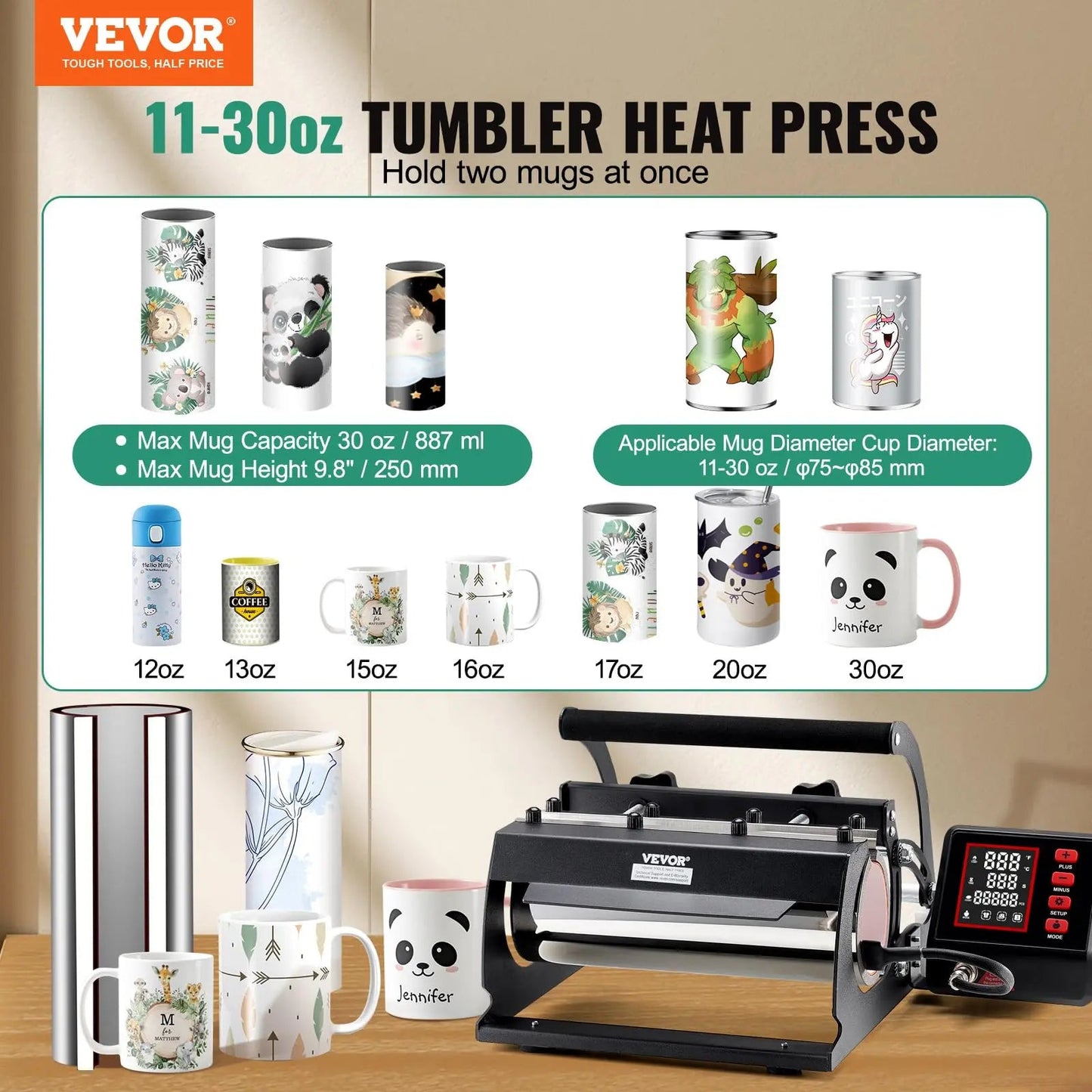 VEVOR Tumbler Heat Press Machine, 11 - 30oz Mug Press, Heat Up Fast and Even, Tumbler Press with Sublimation Paper, Tape and Gloves, Temp and Time Setting, for Sublimation Tumblers, Cups, Mugs, Black - North State Signs & Printing
