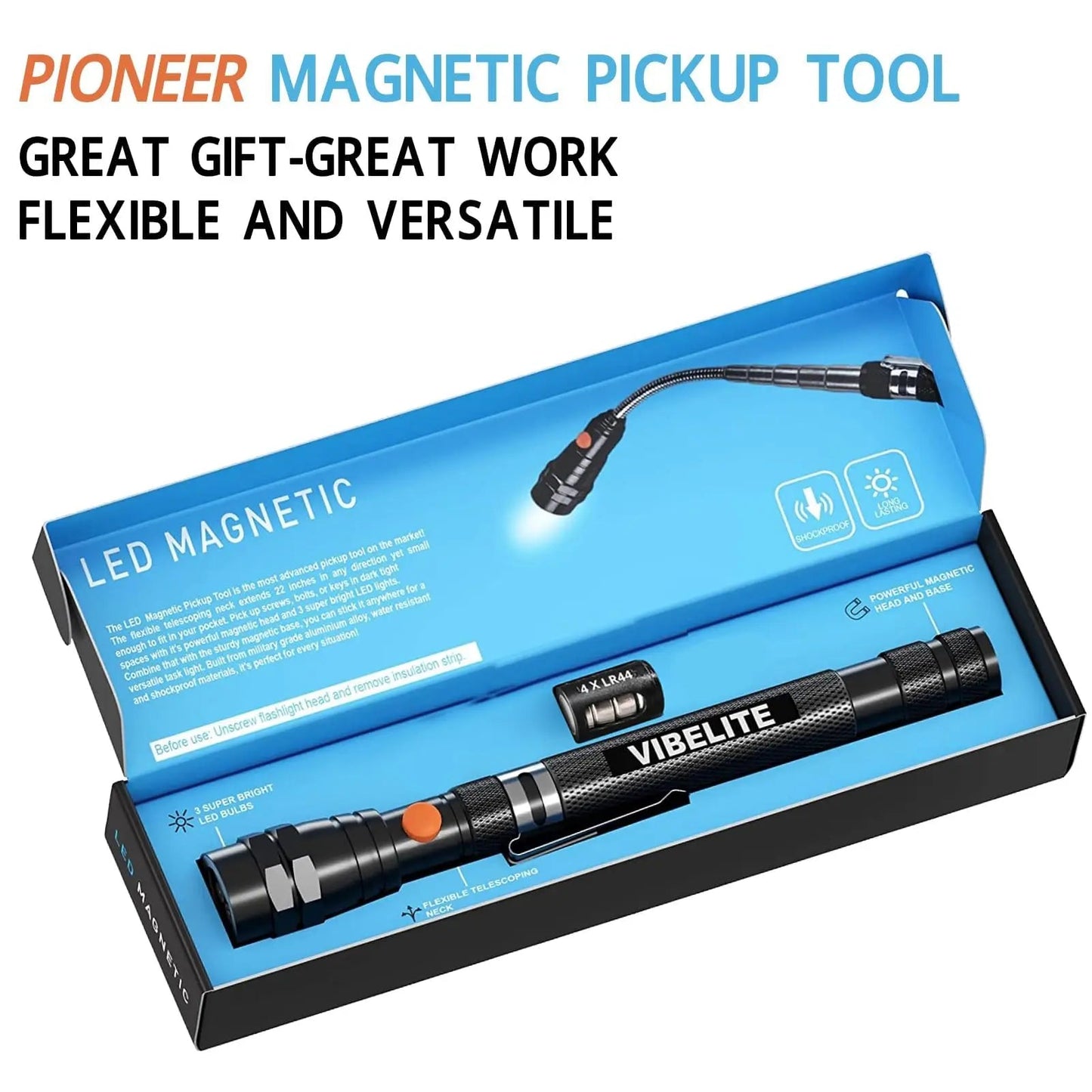 VIBELITE Extendable Magnetic Flashlight with Telescoping Magnet Pickup Tool - Cool Gadget Valentines Day Gifts for Him, Men, Husband, Dad, Father, Mechanic,Tech,Handyman, Boyfriend, Women - North State Signs & Printing