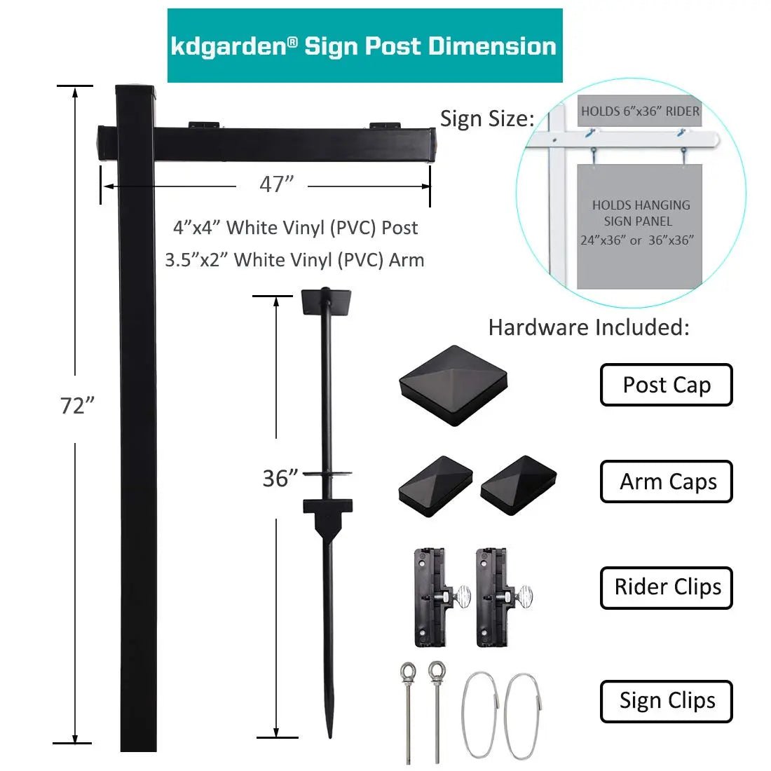 Vinyl PVC 6 - Feet Black Real Estate Sign Post with Flat Cap, Realtor Yard Sign Post for Open House and Home for Sale, 47" Arm Holds Up to 36" Sign(No Sign), 2 - PACK, Kdgarden - North State Signs & Printing