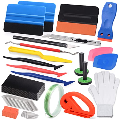 FOSHIO Window Tint Vinyl Wrap Tool Kit with 5M Knife Tape Felt Squeegee Micro Squeegee Wrap Magnets Holders Gloves