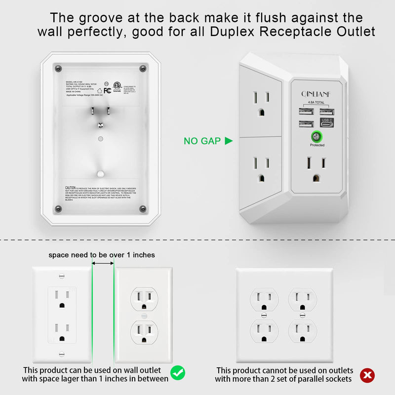 Wall Charger Surge Protector QINLIANF 5 Outlet Extender with 4 USB Charging Ports (4.8A Total) 3-Sided 1680J Power