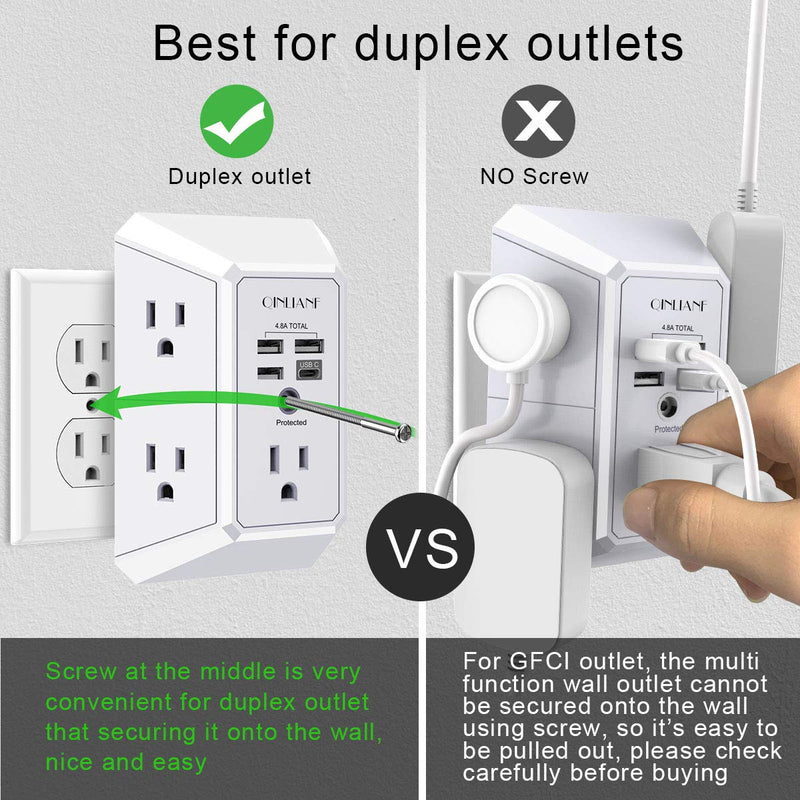 Wall Charger Surge Protector QINLIANF 5 Outlet Extender with 4 USB Charging Ports (4.8A Total) 3-Sided 1680J Power