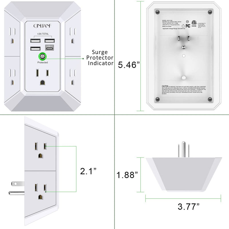 Wall Charger Surge Protector QINLIANF 5 Outlet Extender with 4 USB Charging Ports (4.8A Total) 3-Sided 1680J Power