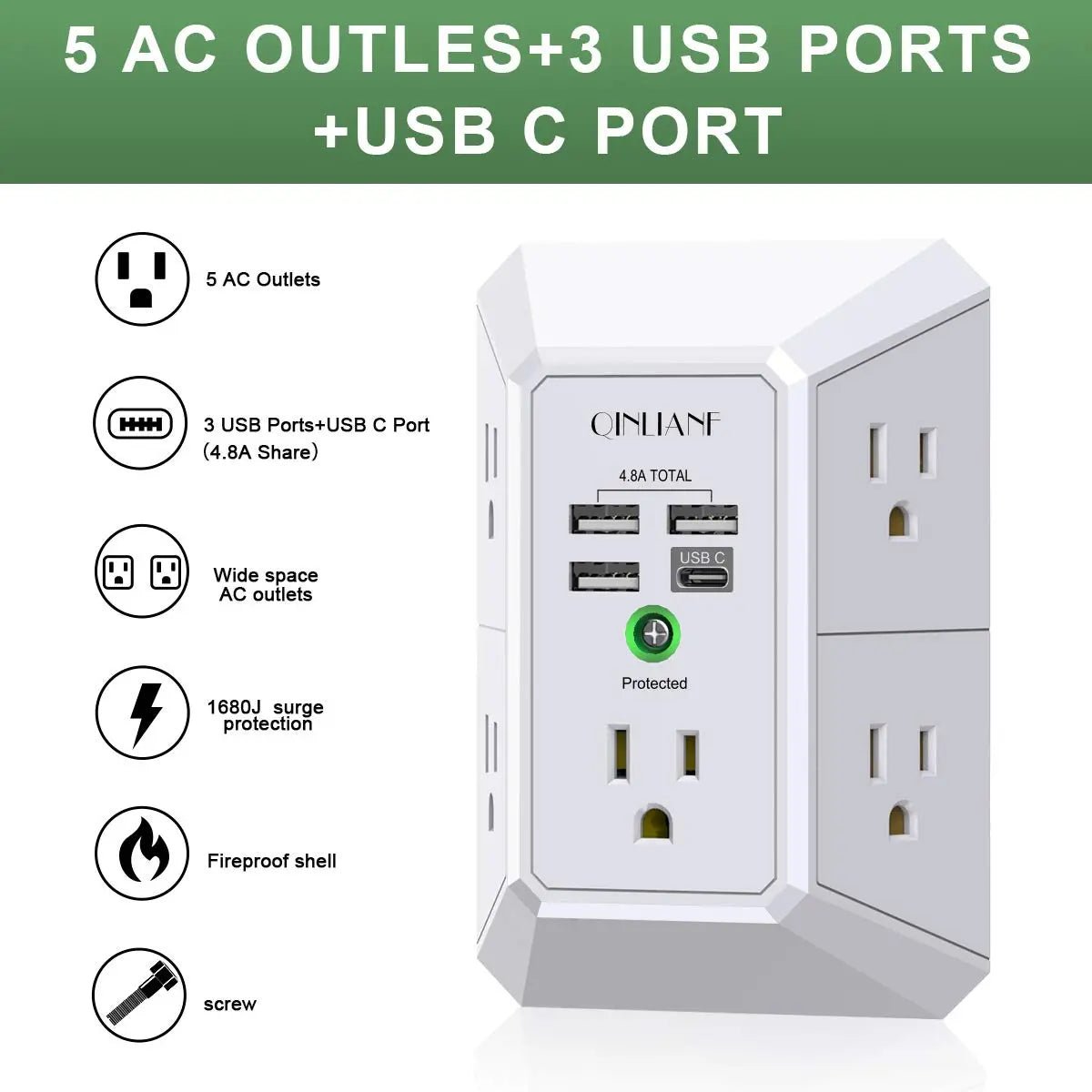 Wall Charger, Surge Protector, QINLIANF 5 Outlet Extender with 4 USB Charging Ports (4.8A Total) 3 - Sided 1680J Power Strip Multi Plug Adapter Spaced for Home Travel Office (3U1C) - North State Signs & Printing