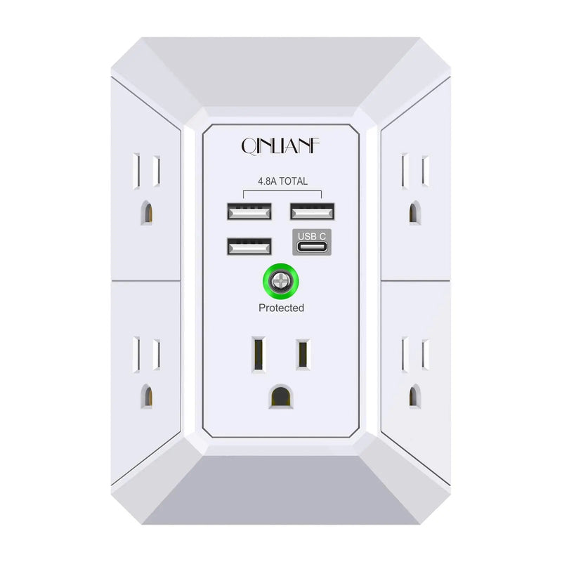 Wall Charger, Surge Protector, QINLIANF 5 Outlet Extender with 4 USB Charging Ports (4.8A Total) 3 - Sided 1680J Power Strip Multi Plug Adapter Spaced for Home Travel Office (3U1C) - North State Signs & Printing