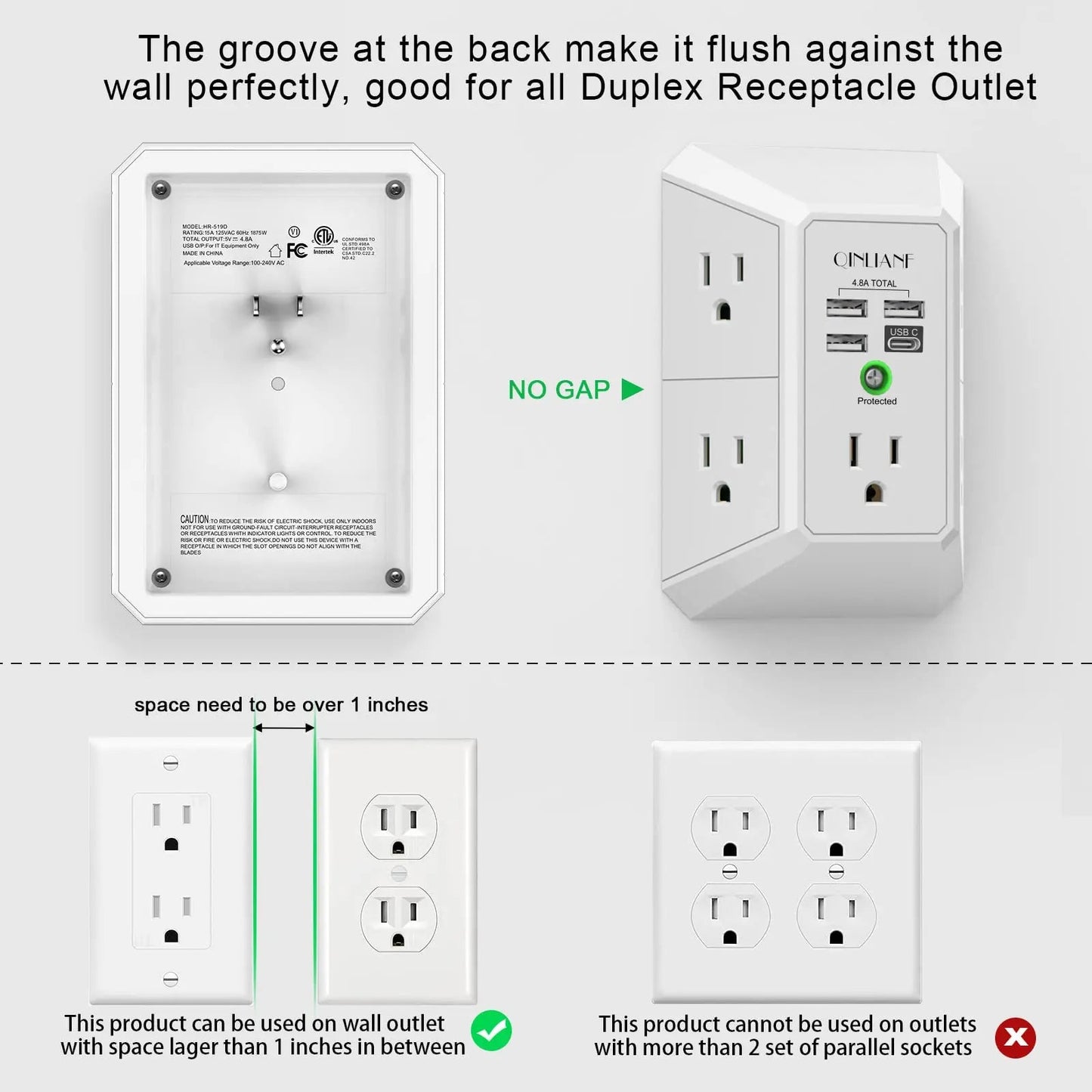 Wall Charger, Surge Protector, QINLIANF 5 Outlet Extender with 4 USB Charging Ports (4.8A Total) 3 - Sided 1680J Power Strip Multi Plug Adapter Spaced for Home Travel Office (3U1C) - North State Signs & Printing