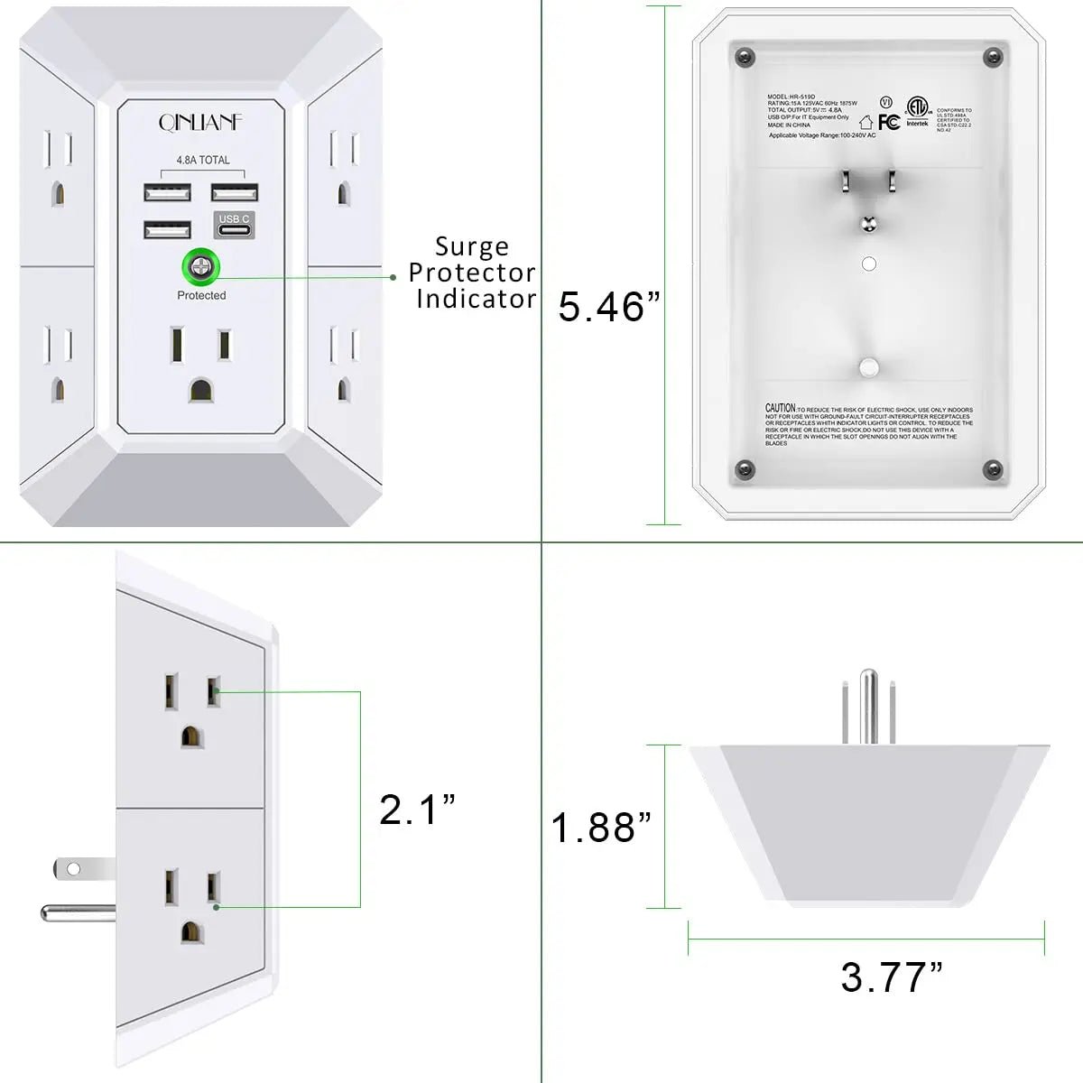 Wall Charger, Surge Protector, QINLIANF 5 Outlet Extender with 4 USB Charging Ports (4.8A Total) 3 - Sided 1680J Power Strip Multi Plug Adapter Spaced for Home Travel Office (3U1C) - North State Signs & Printing