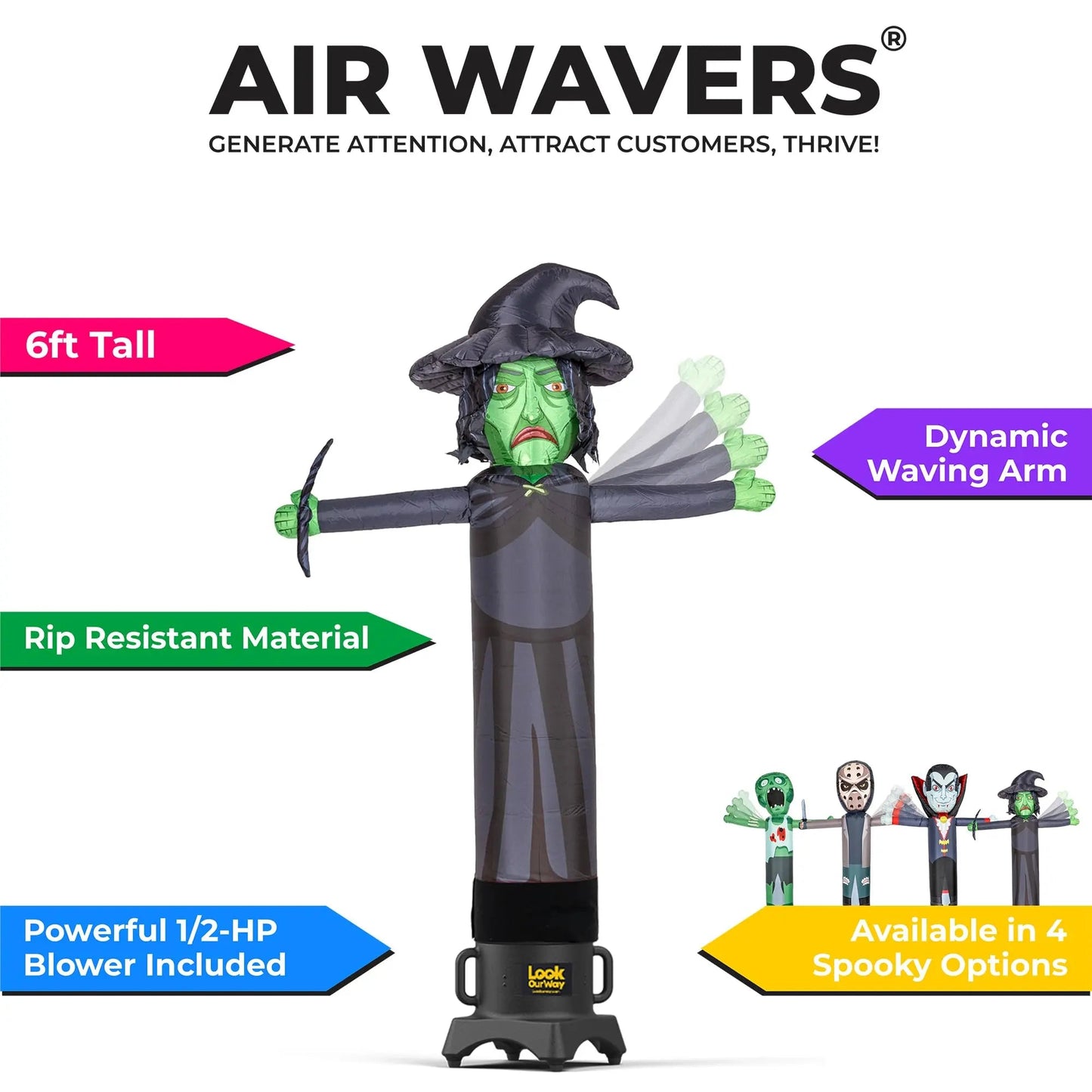 Witch Air Wavers Inflatable Tube Man Set - 7 Feet Tall Air Waver with Air Dancer Blower - Inflatable Advertising Tube Guy with Flapping Waving Arm - Halloween Holiday Promotion - Witch - North State Signs & Printing