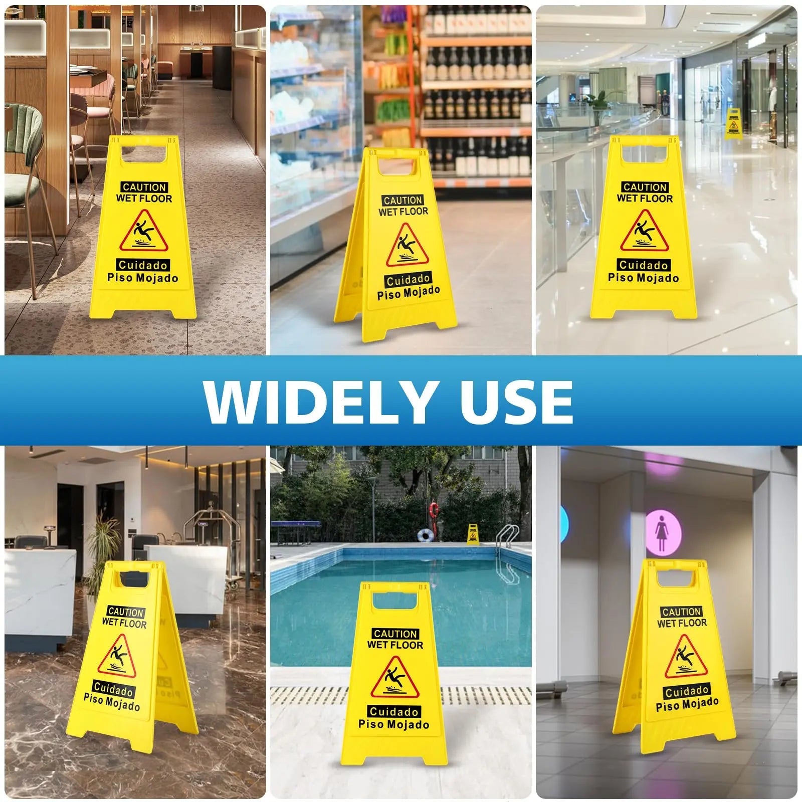 WOUSEDO 2 - Pack Caution Wet Floor Sign,17.5" Height,Bright Yellow Double - Sided Folding A - Shaped Frame Design, Bilingual Caution Message - North State Signs & Printing