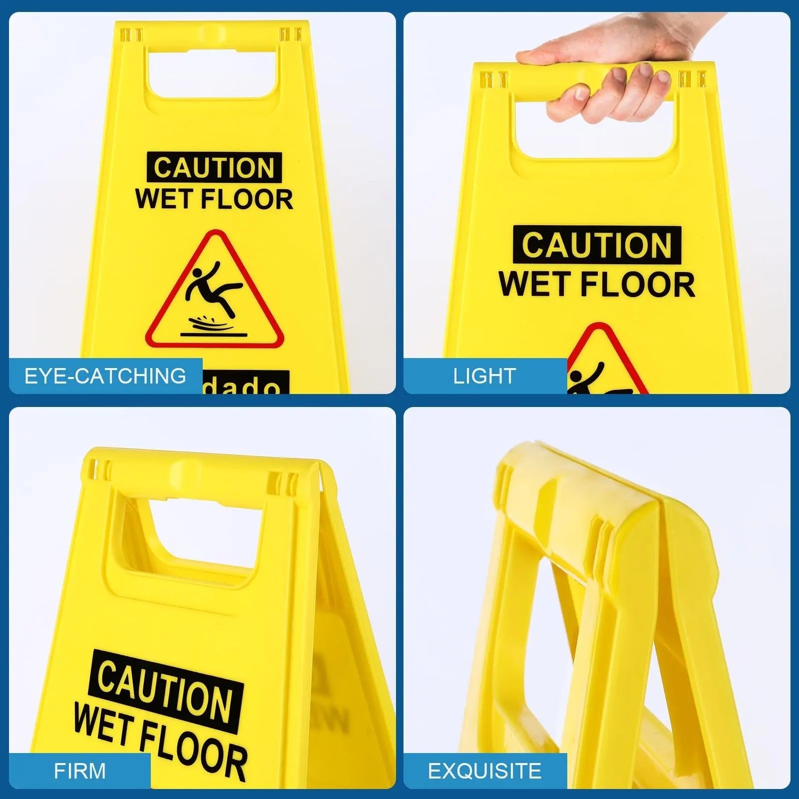 WOUSEDO 2 - Pack Caution Wet Floor Sign,17.5" Height,Bright Yellow Double - Sided Folding A - Shaped Frame Design, Bilingual Caution Message - North State Signs & Printing
