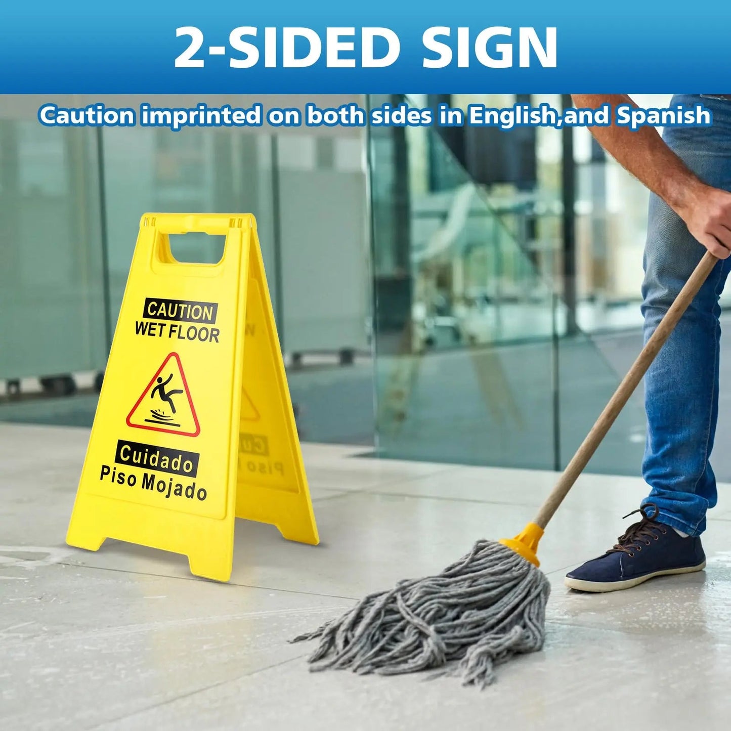 WOUSEDO 2 - Pack Caution Wet Floor Sign,17.5" Height,Bright Yellow Double - Sided Folding A - Shaped Frame Design, Bilingual Caution Message - North State Signs & Printing