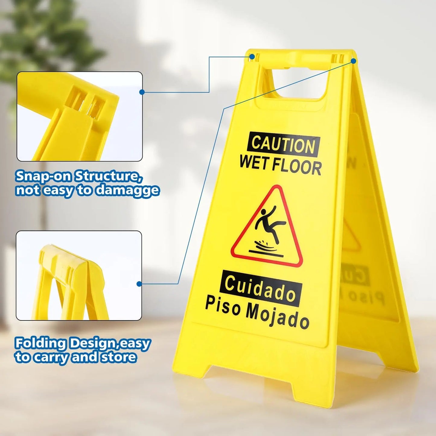 WOUSEDO 2 - Pack Caution Wet Floor Sign,17.5" Height,Bright Yellow Double - Sided Folding A - Shaped Frame Design, Bilingual Caution Message - North State Signs & Printing