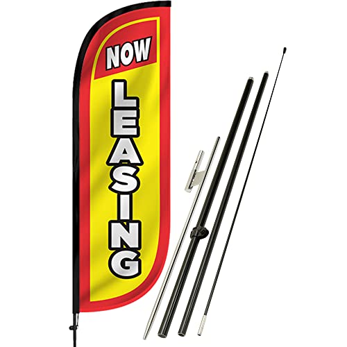 LookOurWay Feather Flag Set - 5ft Tall Advertising Banner Flag with Pole Kit and Ground Spike for Business Promotion - Real Estate Flags - Now Leasing