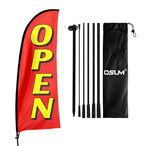 QSUM Open Themed Swooper Flag, 7FT Open Banner Feather Flag with Carbon Fiber Pole Kit/Ground Stake, Open Signs for Business Advertising