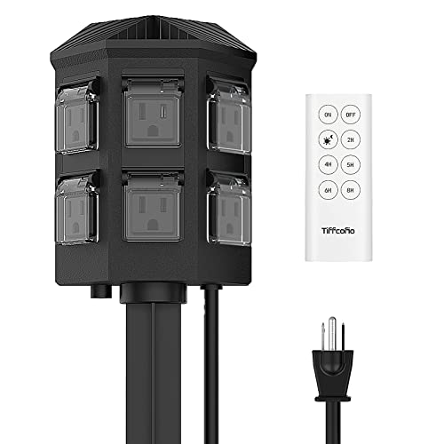 TiFFCOFiO Outdoor Power Stake Timer, 100FT Range Remote Control, Dusk to Dawn Sensor Timer Waterproof, 6FT Extension Cord, 6 Grounded Outlets for Halloween and Christmas Lights, ETL Listed