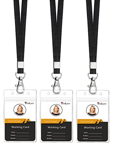 Teskyer Lanyards for Cruise Ship Cards, Lanyards with Waterproof Extra Thick Plastic Clear Badge Holders, Resealable Zip ID Card Holder, 2.5" x 3.5" Inner Size, Vertical Style, Set of 3, Black